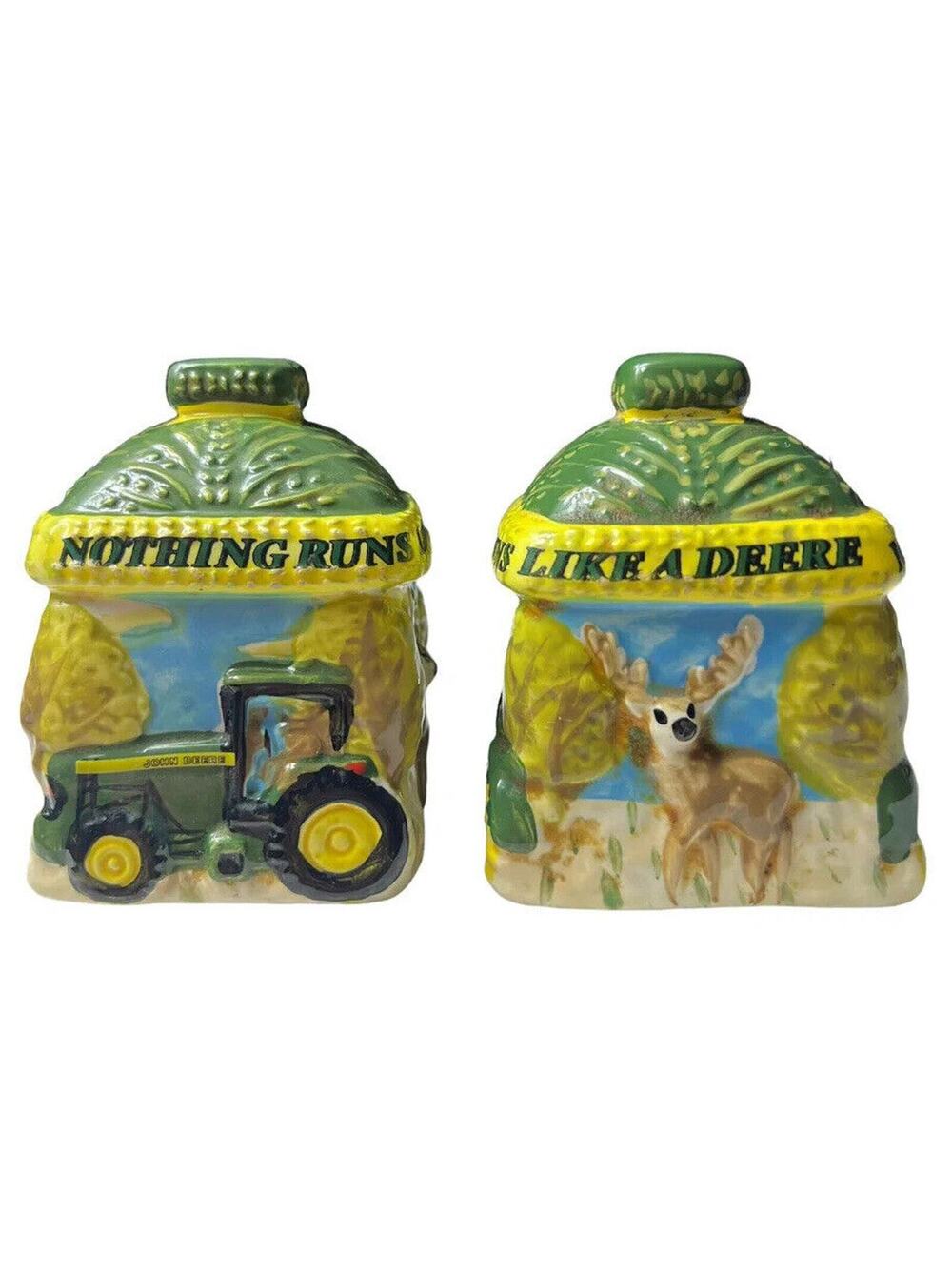 Gibson John Deere Salt & Pepper Shakers Vtg Ceramic 3.5” Farmer Country Tractor